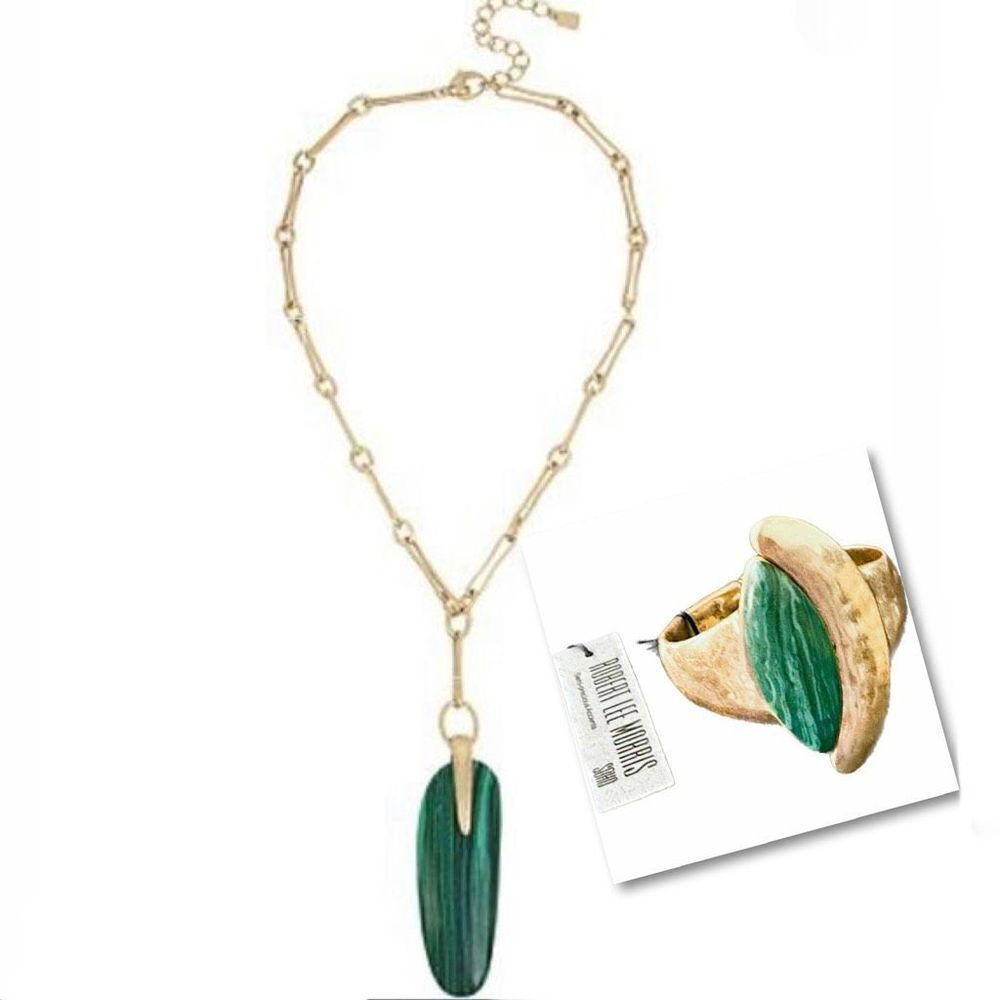 NWT Robert Lee Morris 2 Pc Gold Tone with Green Malachite Necklace & Bangle set